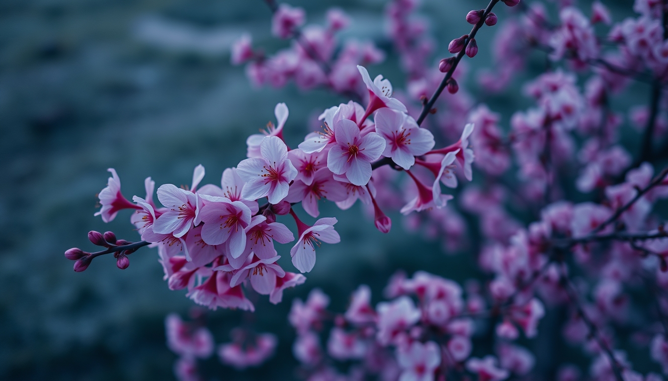 cherry blossoms in wind in editorial style
