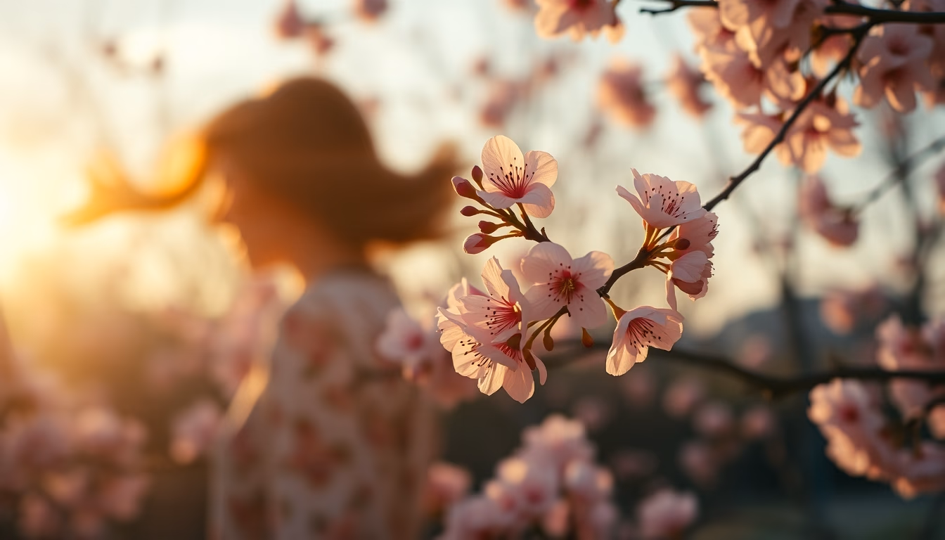 cherry blossoms in wind in editorial style