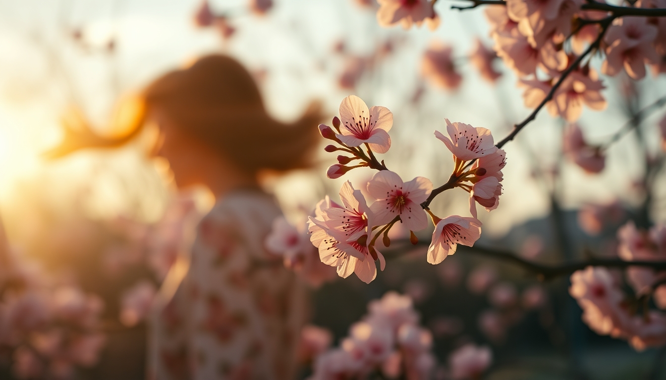 cherry blossoms in wind in editorial style