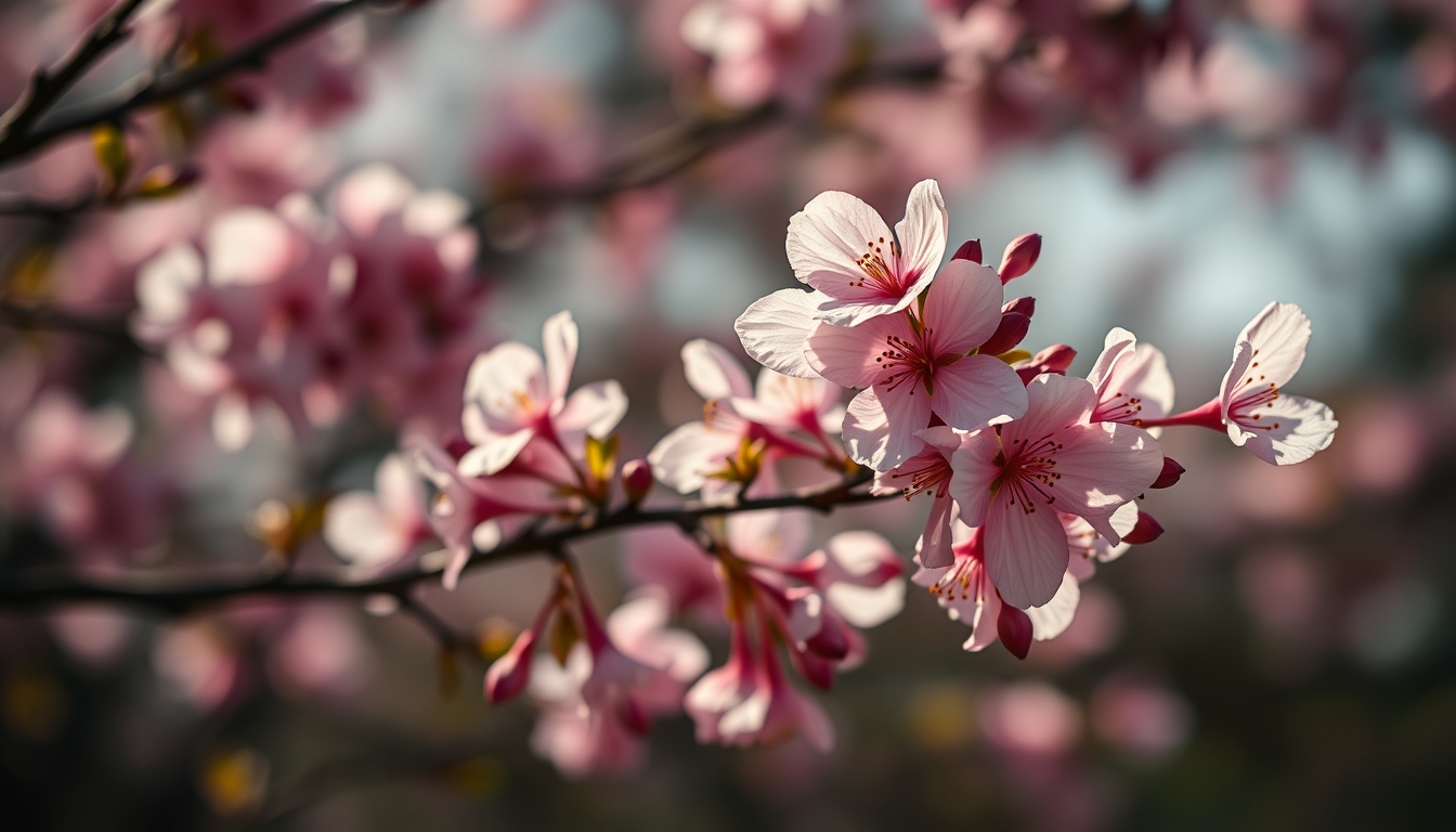 cherry blossoms in wind in editorial style