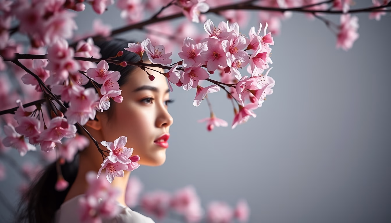 cherry blossoms in wind in editorial style