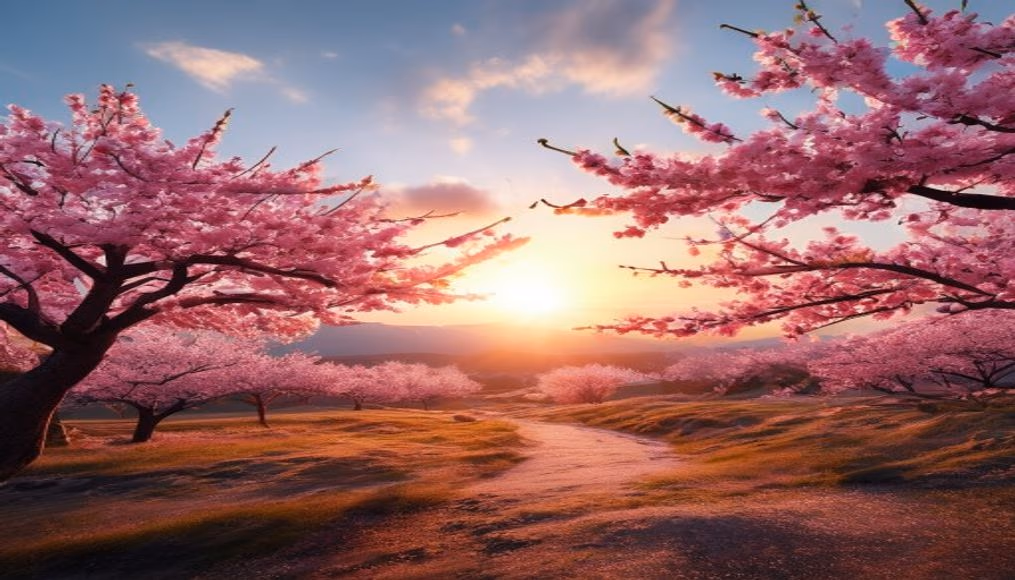 cherry blossoms in wind in editorial style