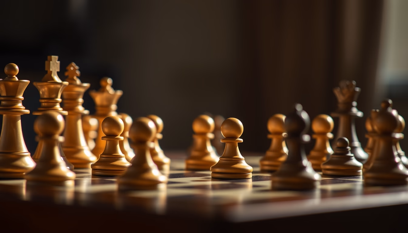 Tabuleiro de xadrez mid game em estilo editorial