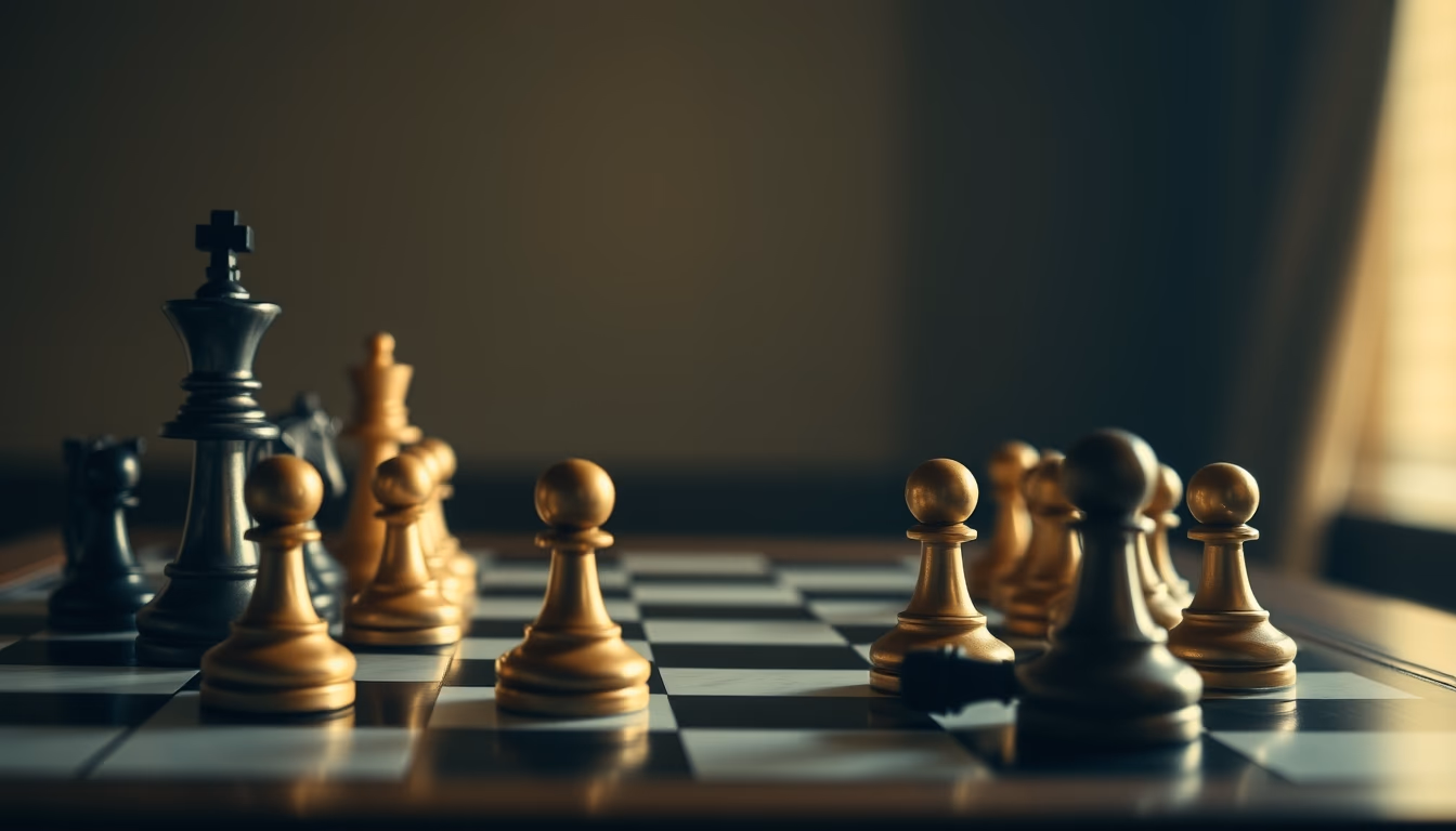 chess board mid game in editorial style