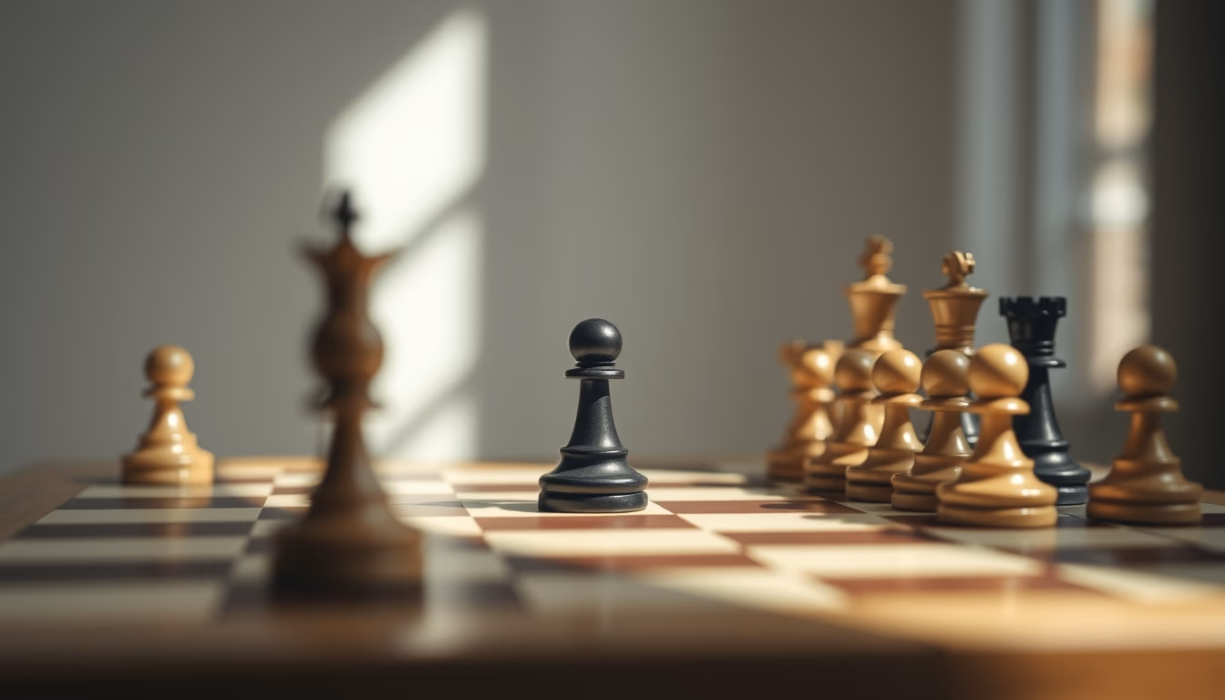 Tabuleiro de xadrez mid game em estilo editorial