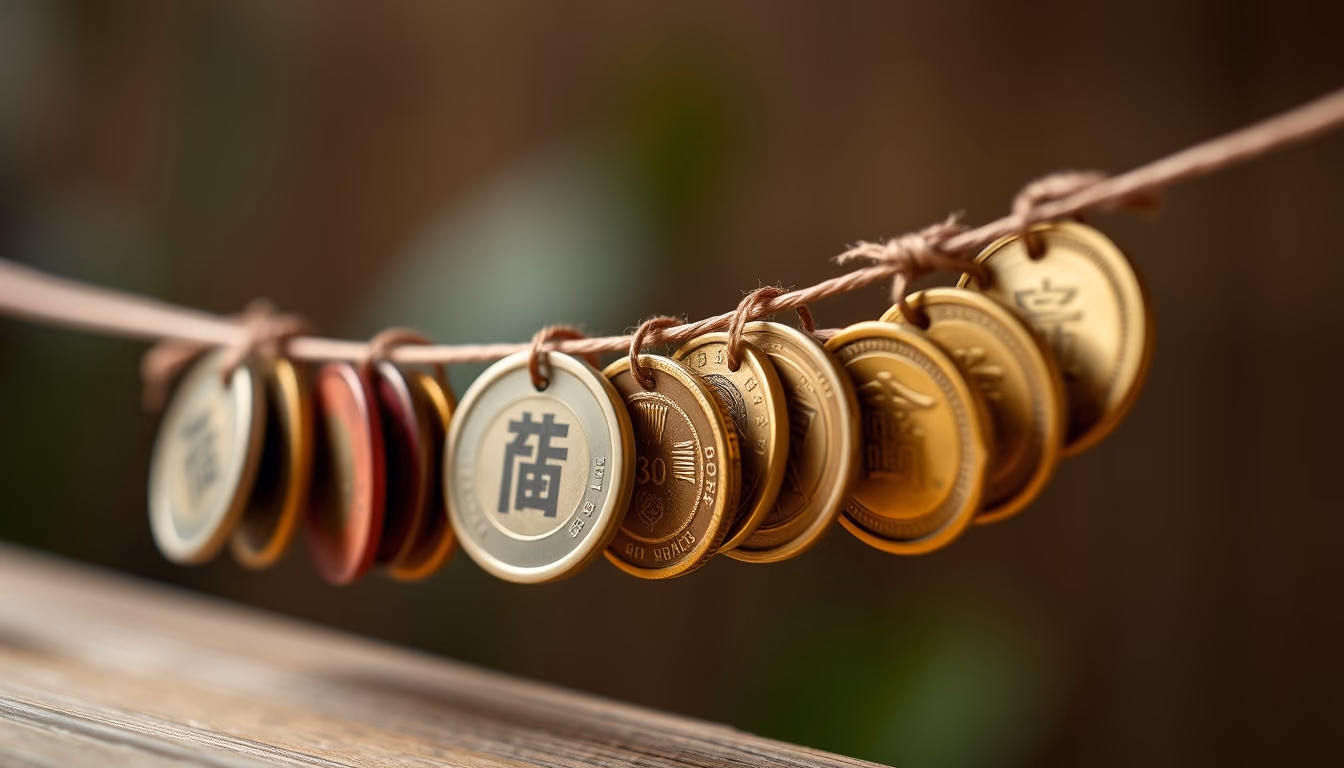 chinese cash coins string in editorial style