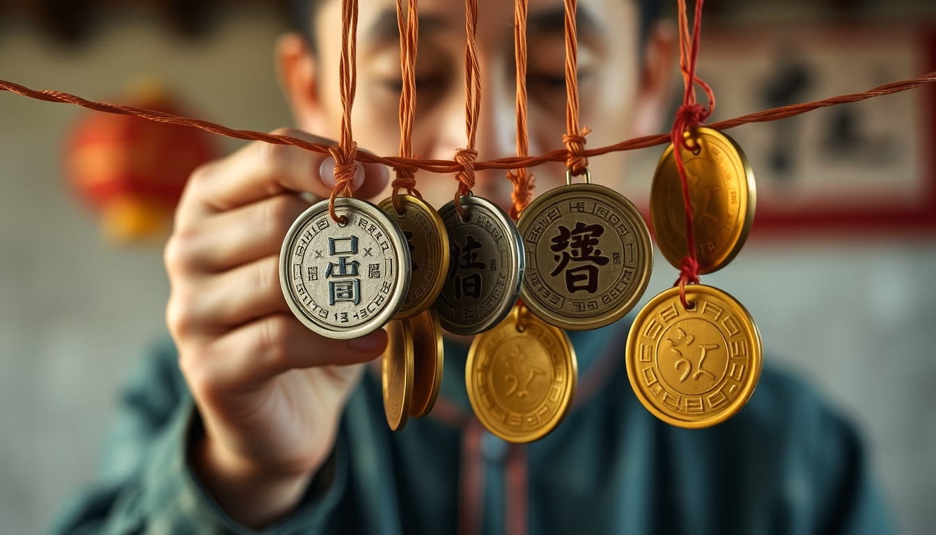 chinese cash coins string in editorial style