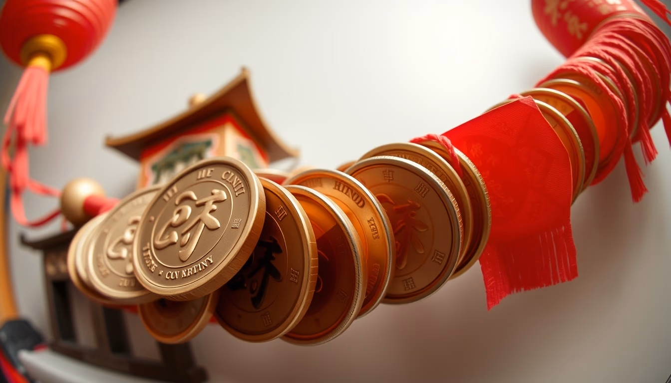 chinese cash coins string in editorial style