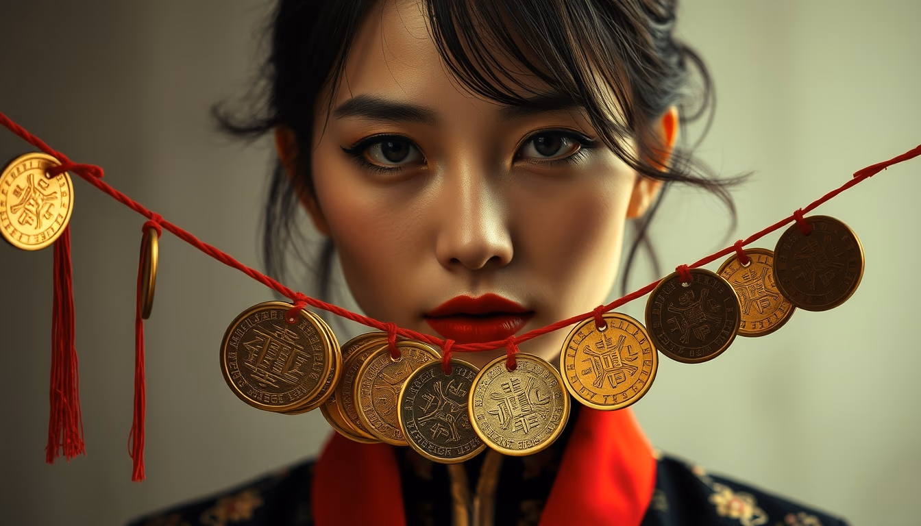 chinese cash coins string in editorial style