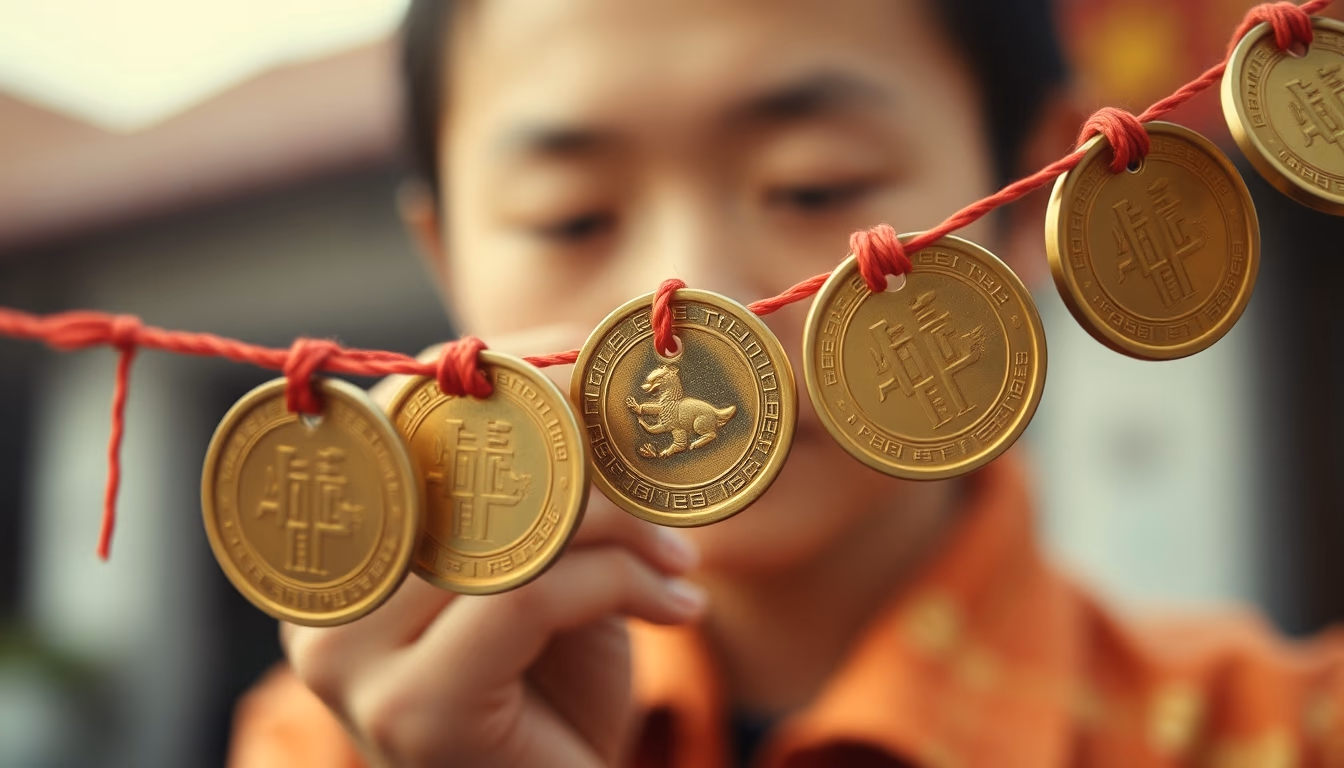 chinese cash coins string in editorial style