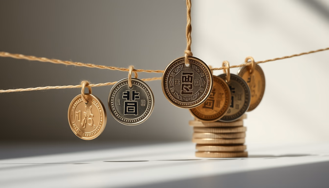 chinese cash coins string in editorial style