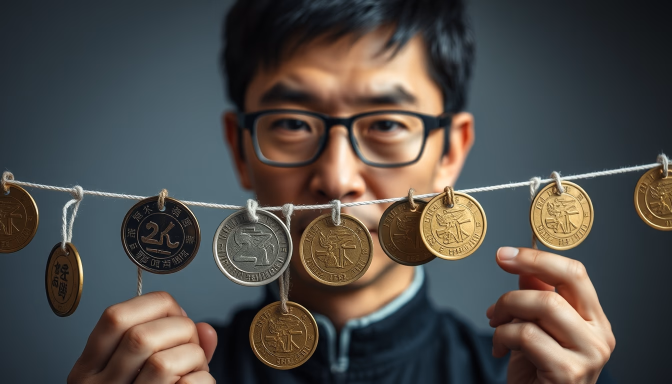 chinese cash coins string in editorial style