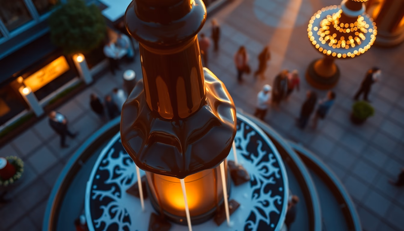 chocolate fountain flowing in editorial style