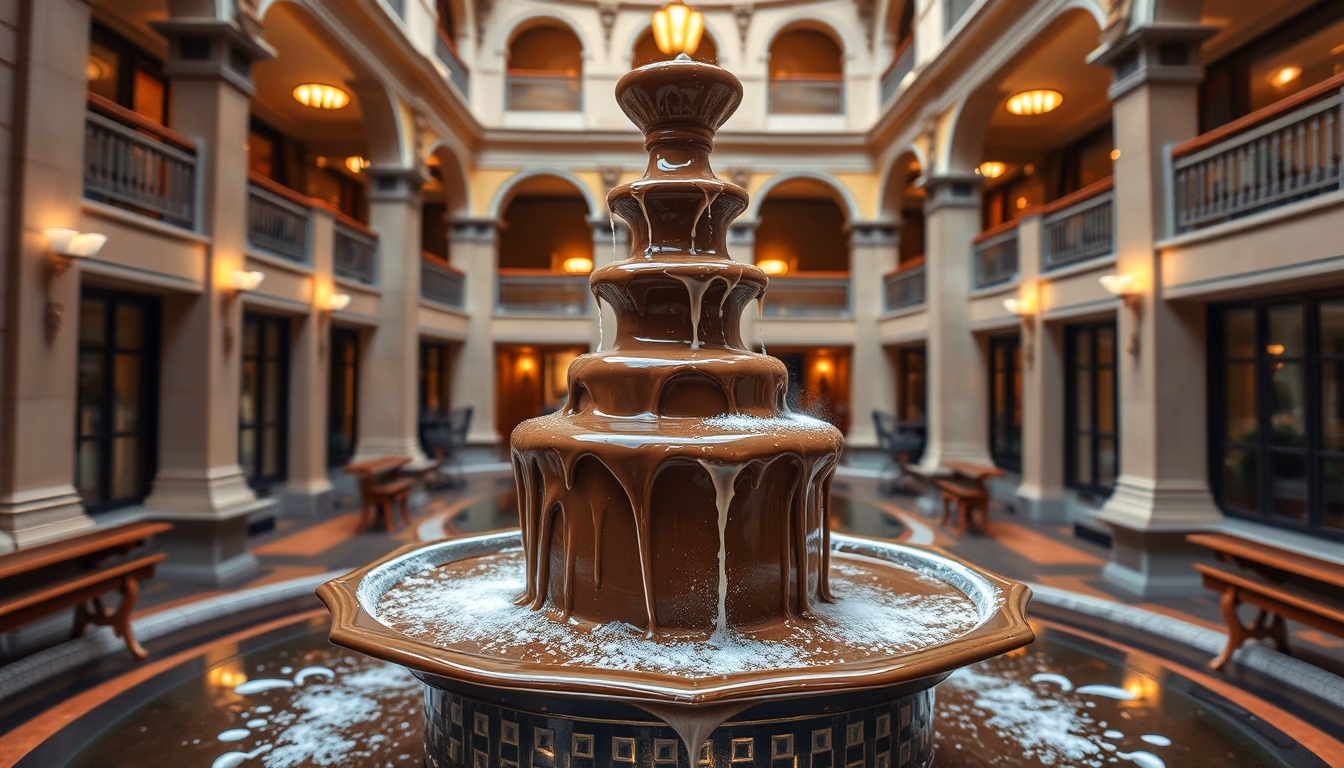 chocolate fountain flowing in editorial style