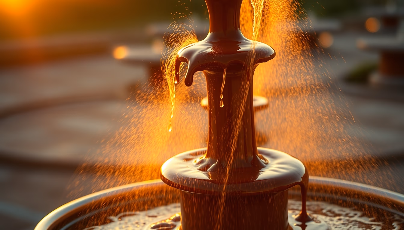 chocolate fountain flowing in editorial style