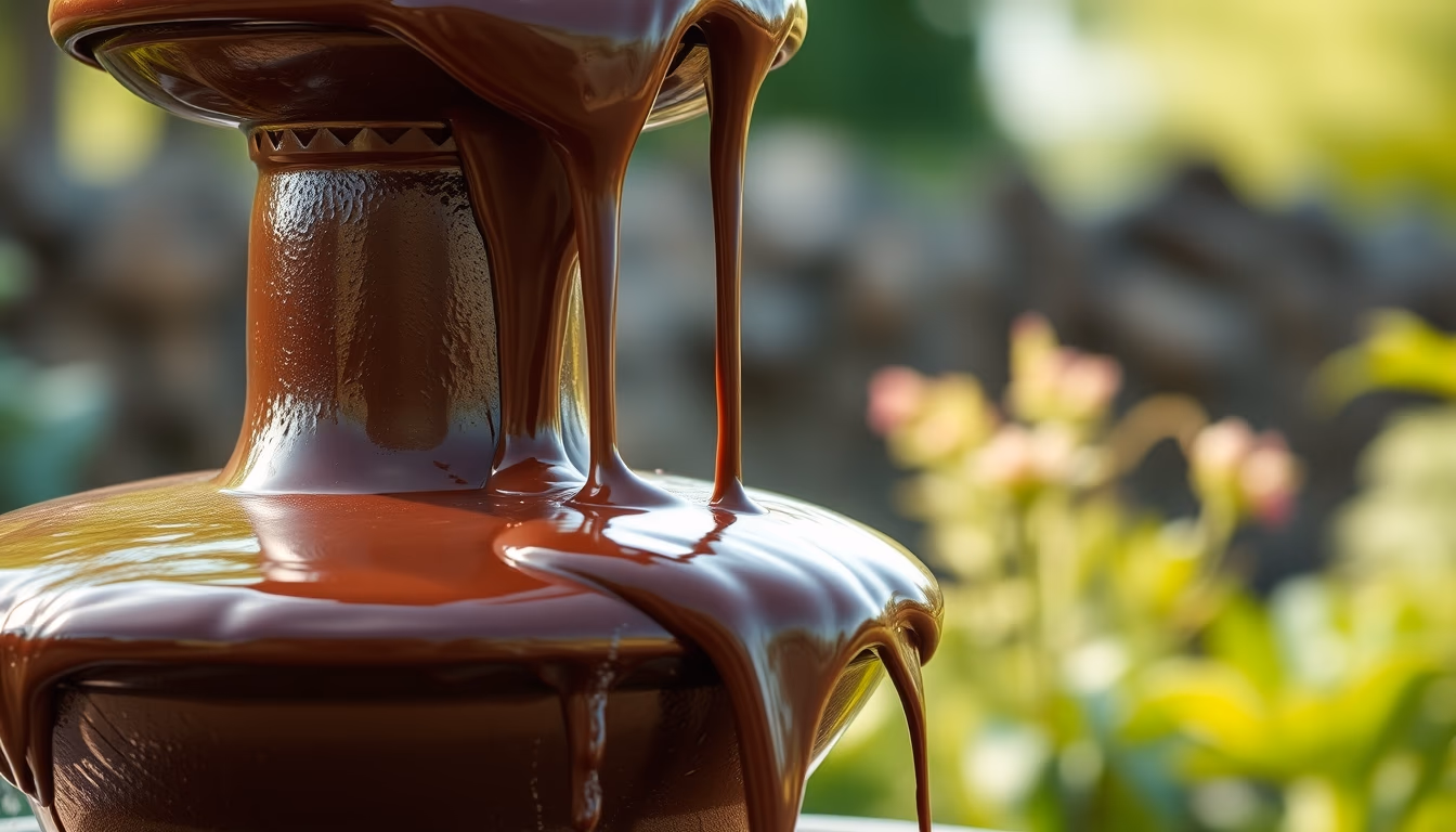 chocolate fountain flowing in editorial style
