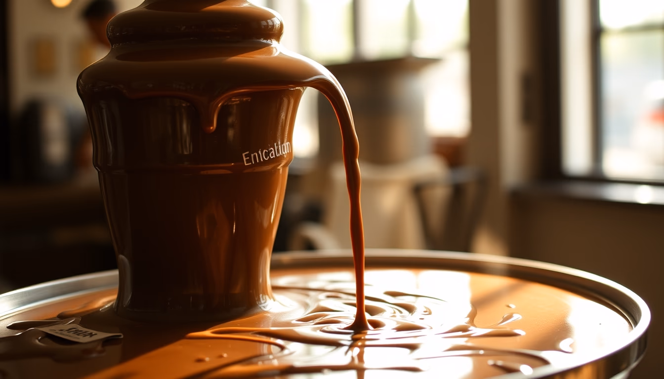 chocolate fountain flowing in editorial style