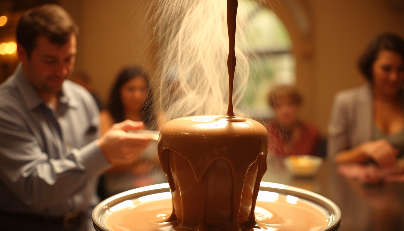 chocolate fountain flowing in editorial style