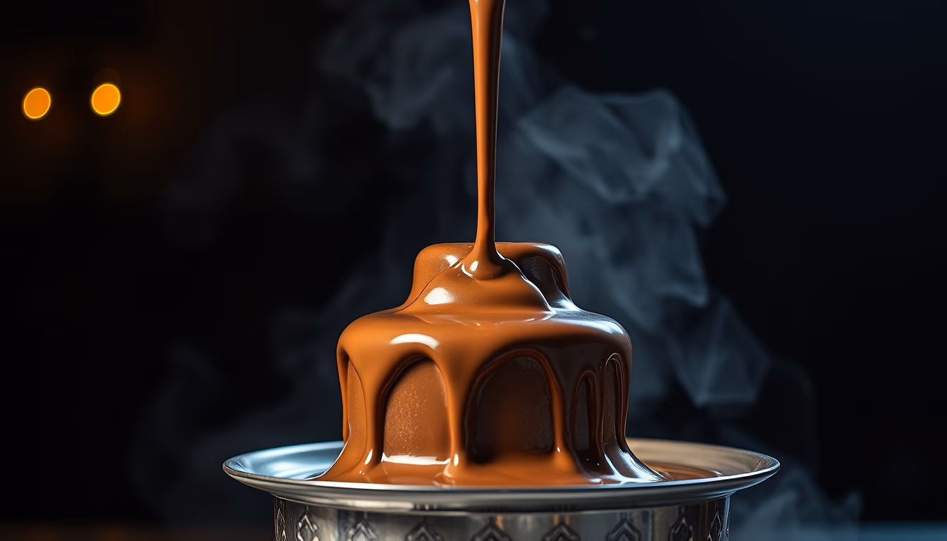 chocolate fountain flowing in editorial style