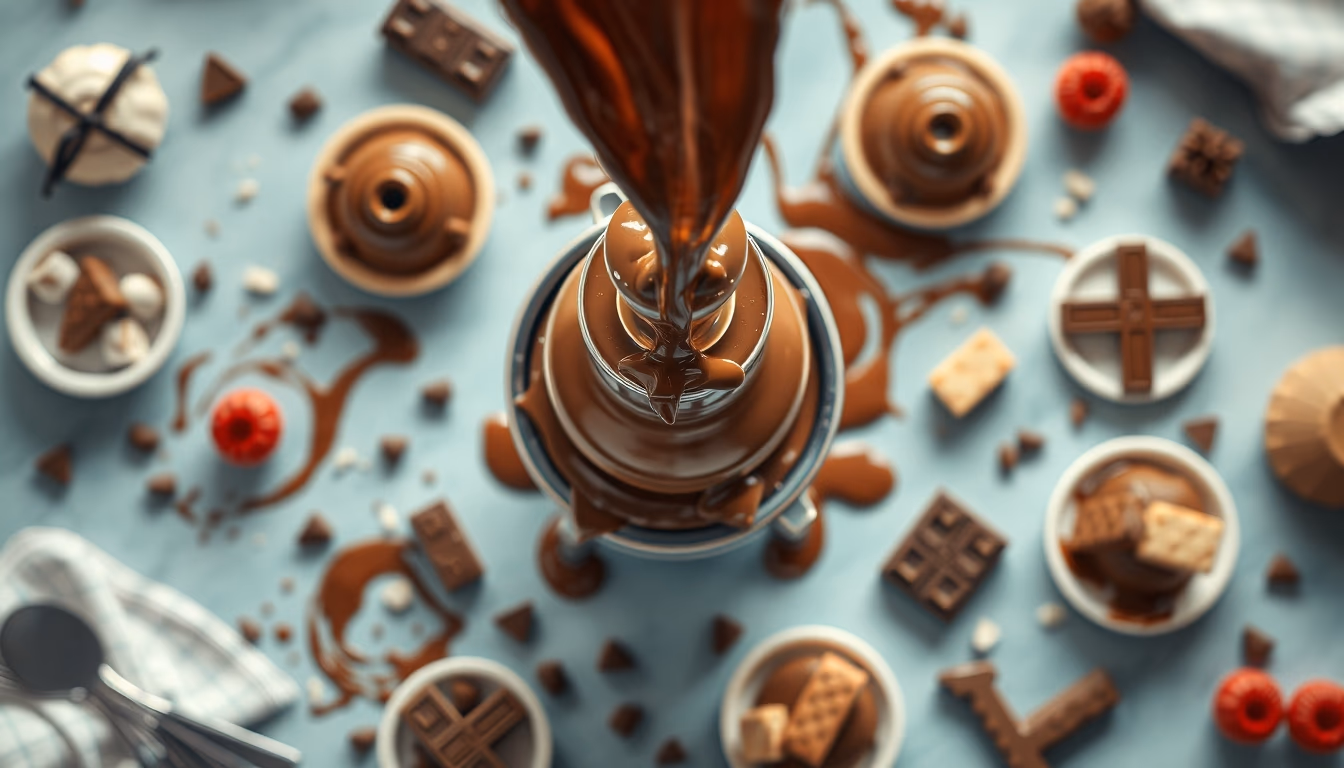 chocolate fountain flowing in editorial style