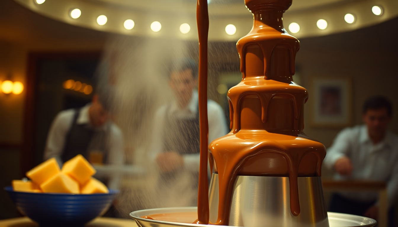 chocolate fountain flowing in editorial style