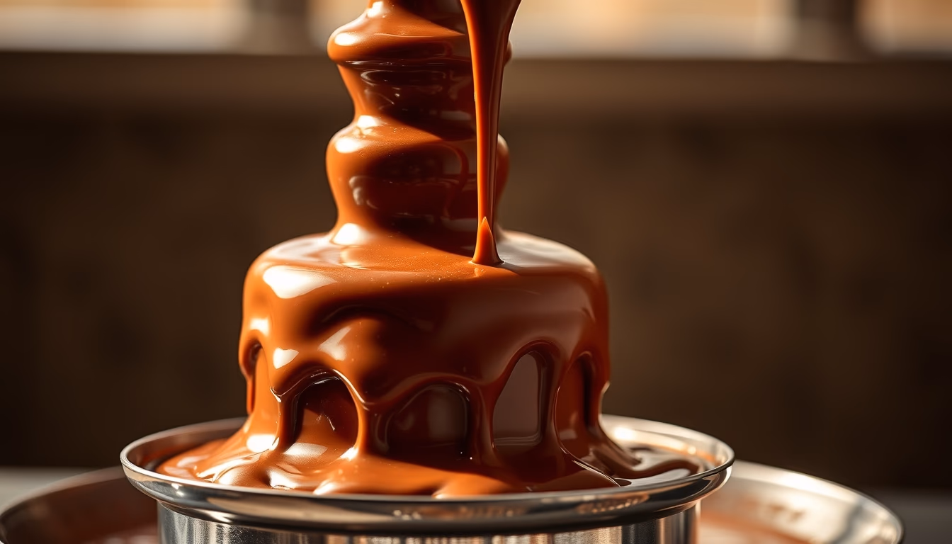 chocolate fountain flowing in editorial style
