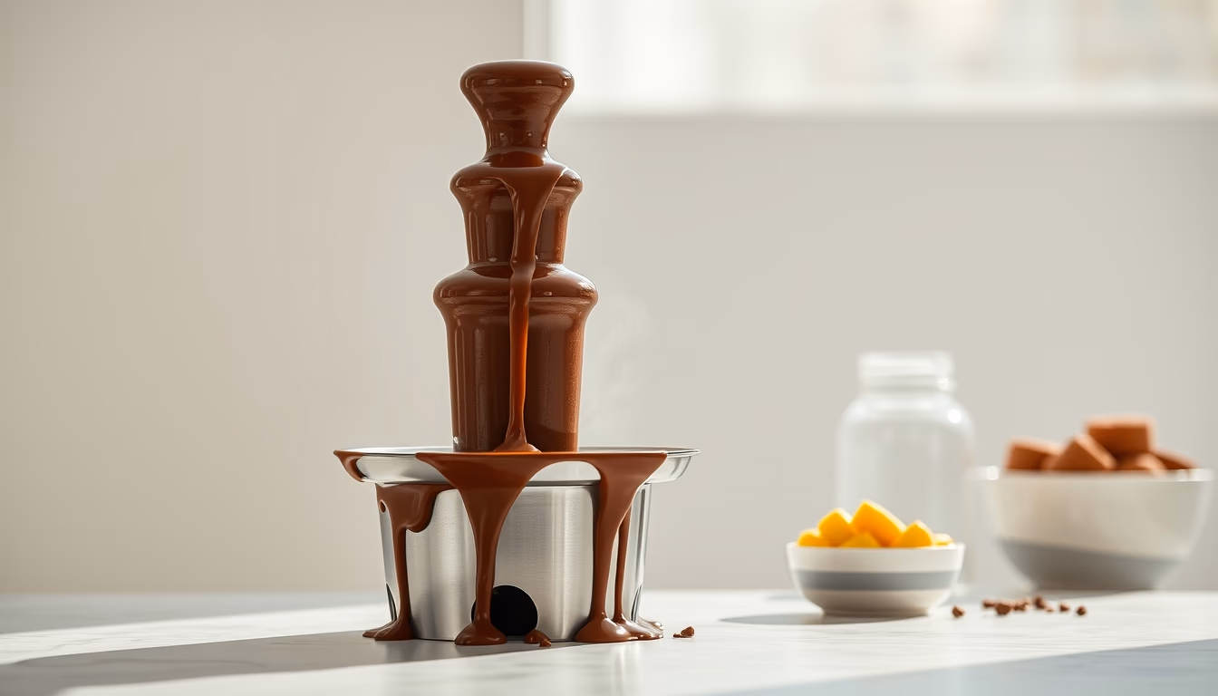 chocolate fountain flowing in editorial style