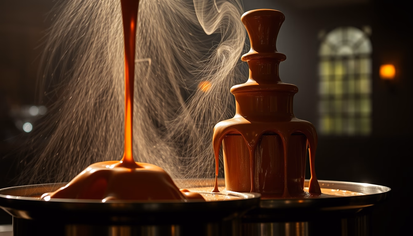 chocolate fountain flowing in editorial style