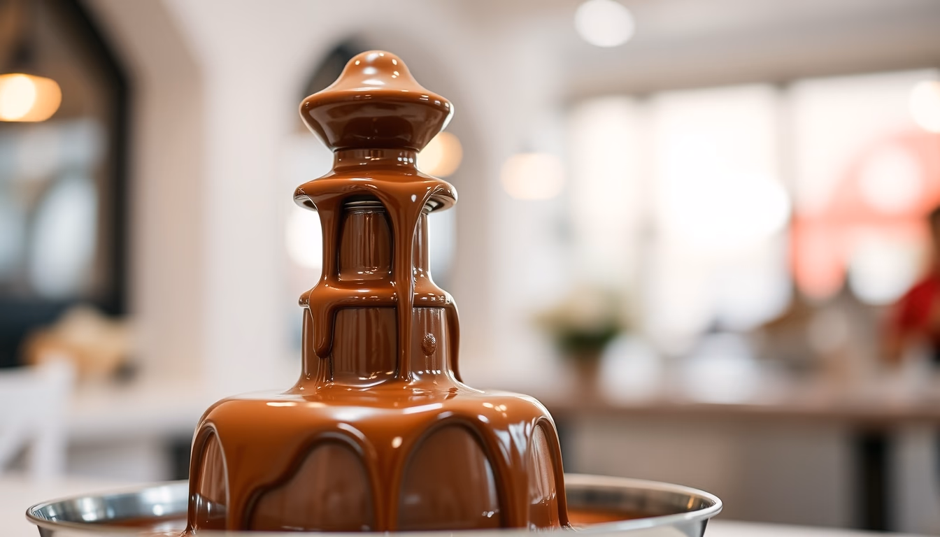 chocolate fountain flowing in editorial style