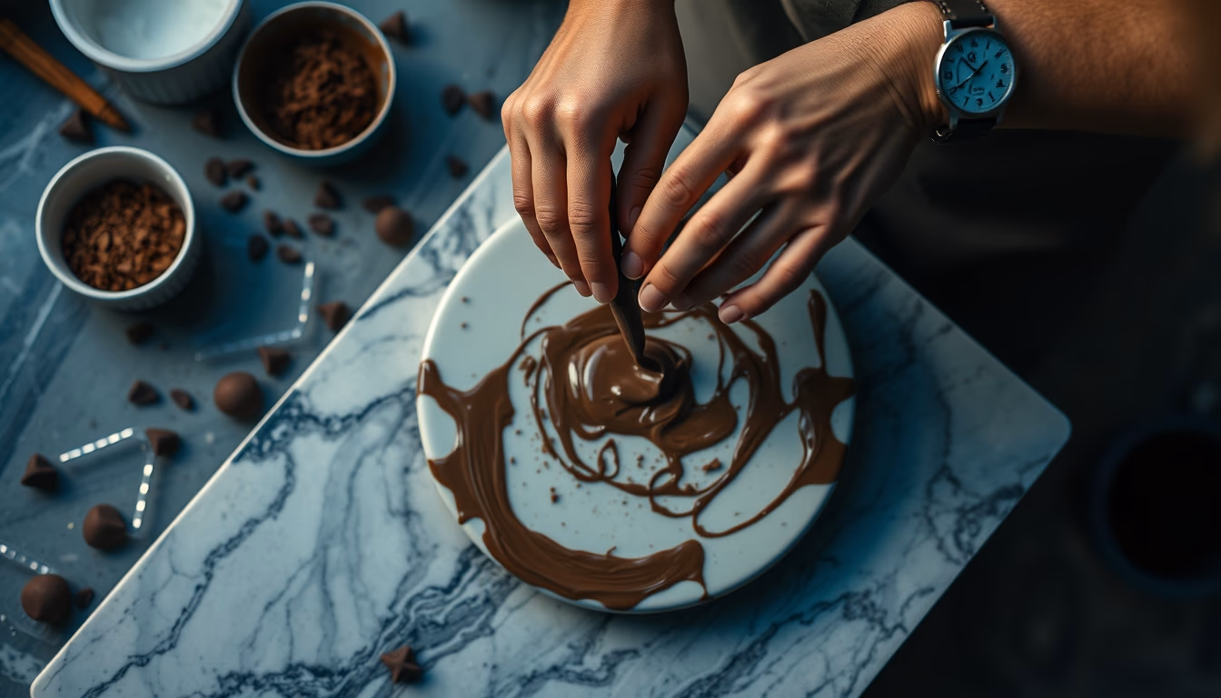 chocolate tempering marble in editorial style