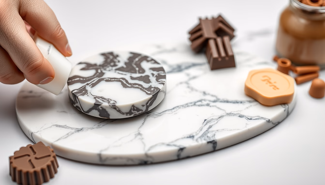 chocolate tempering marble in editorial style