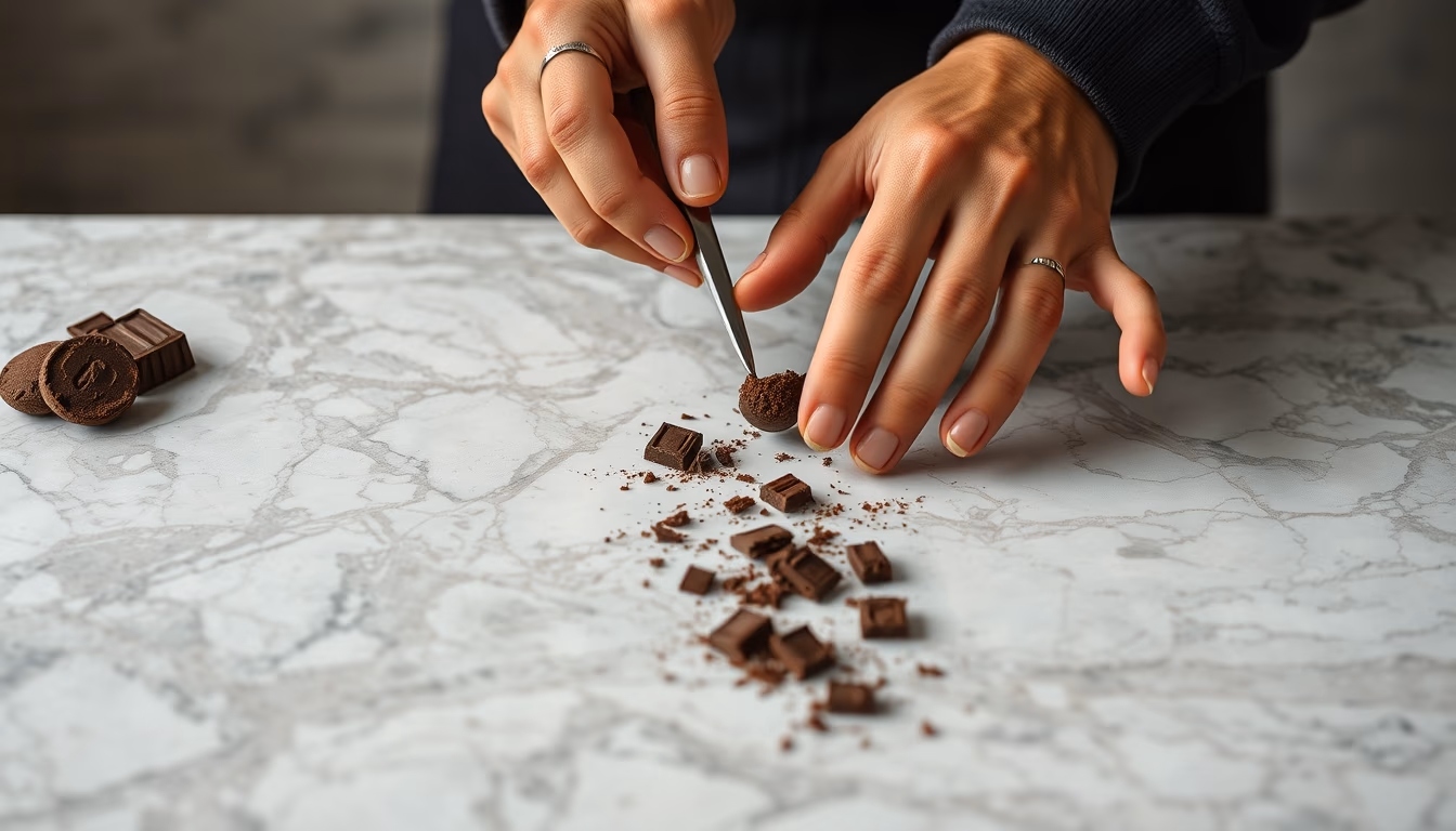 chocolate tempering marble in editorial style
