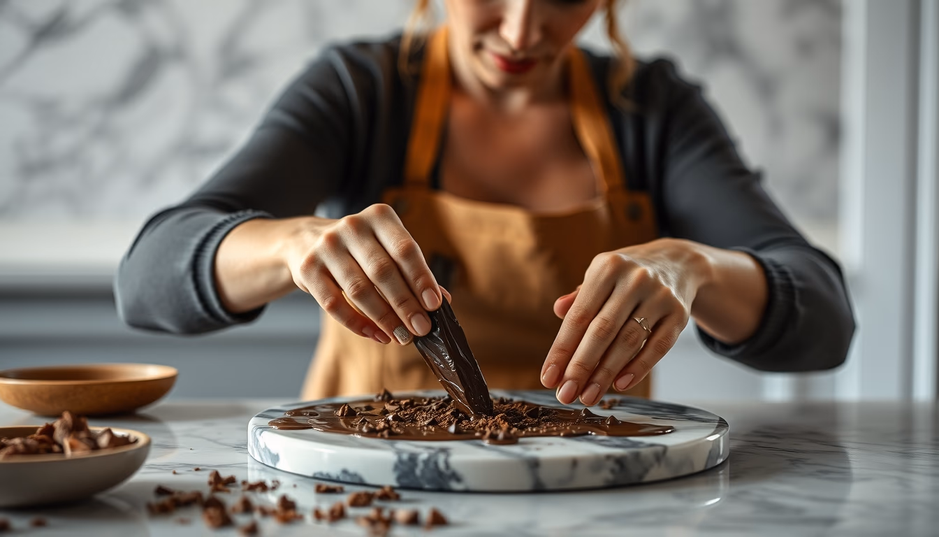 chocolate tempering marble in editorial style