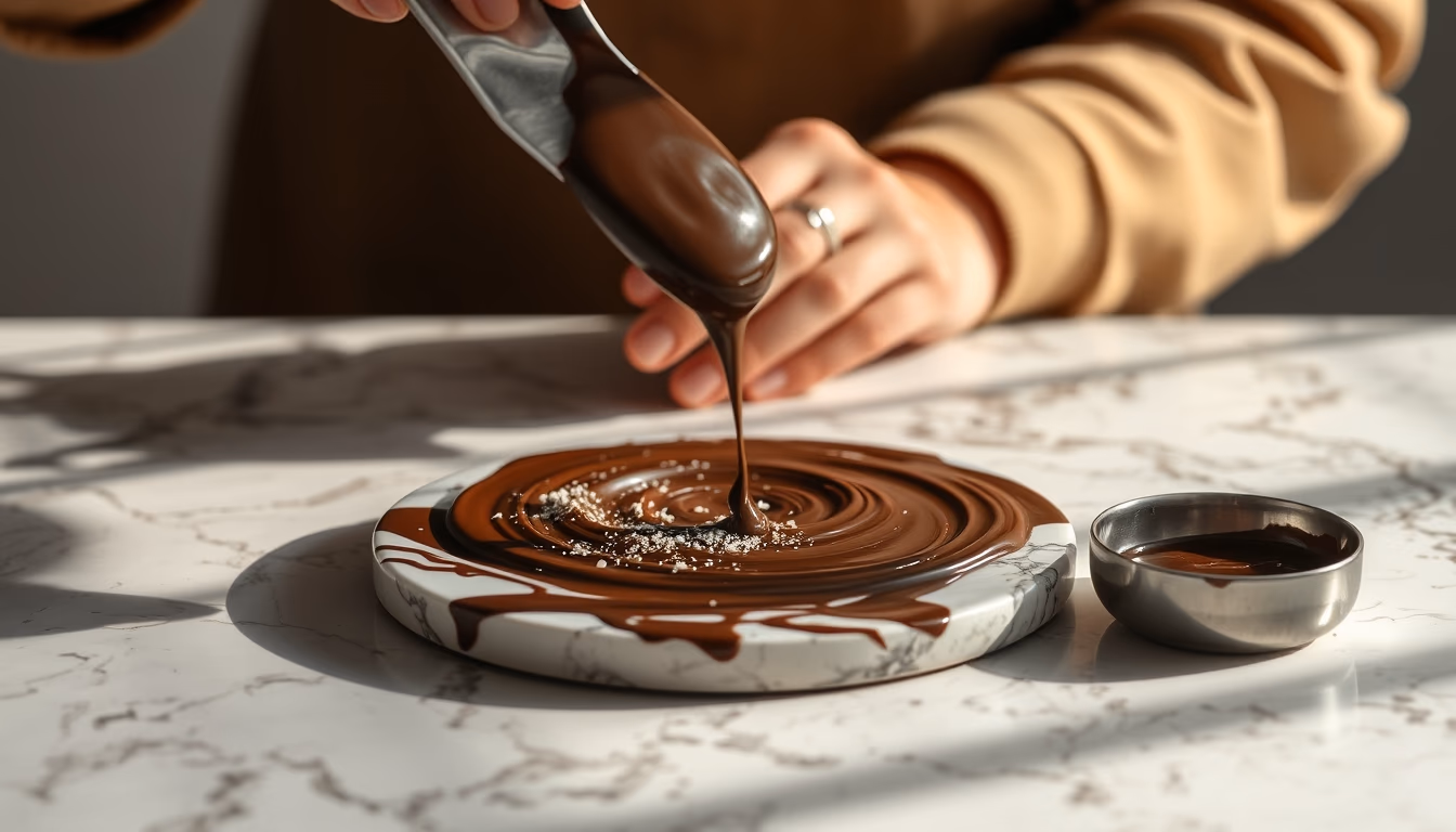chocolate tempering marble in editorial style