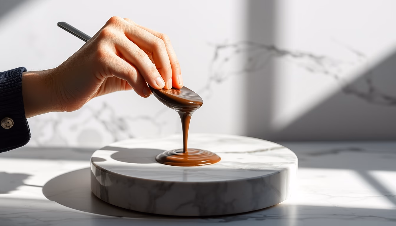 chocolate tempering marble in editorial style