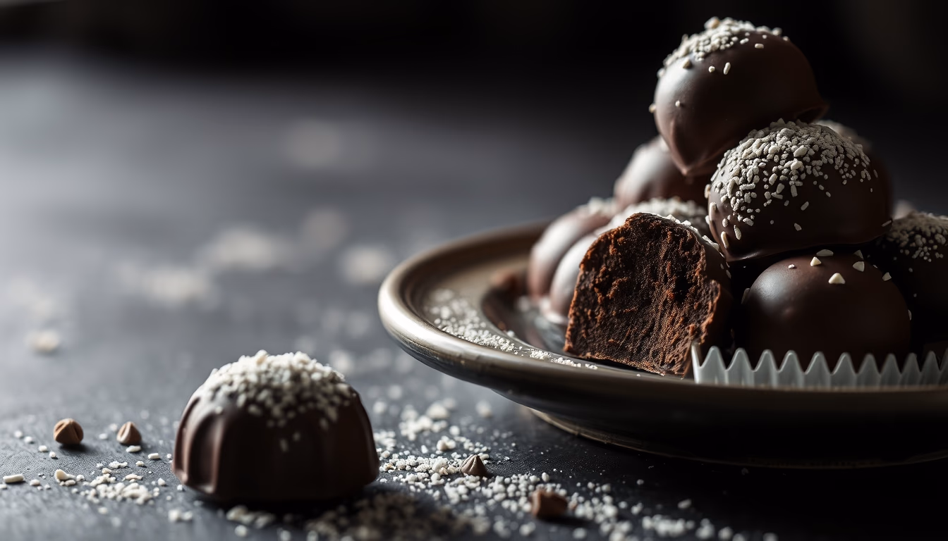chocolate truffles dark in editorial style