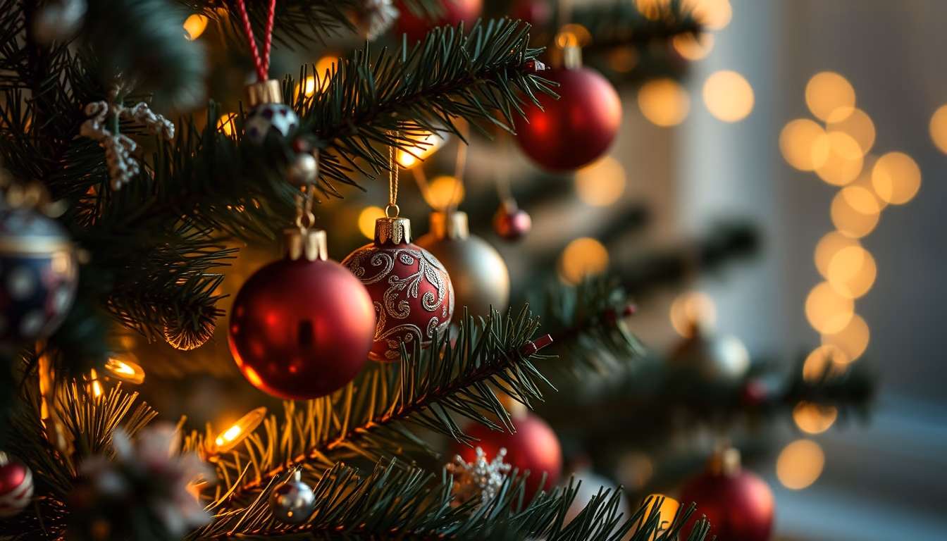 christmas tree ornaments in editorial style