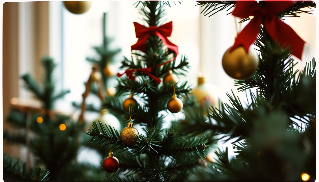 christmas tree ornaments in editorial style