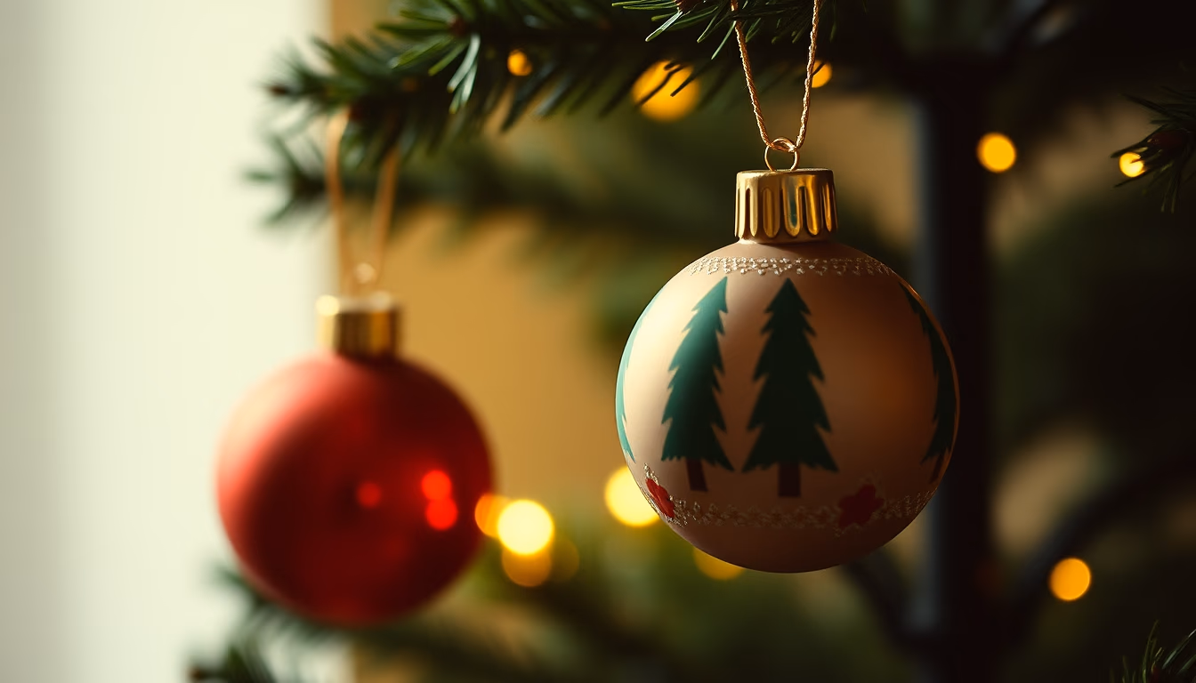 christmas tree ornaments in editorial style
