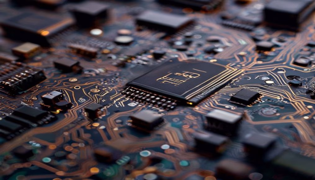 circuit board macro photography in editorial style