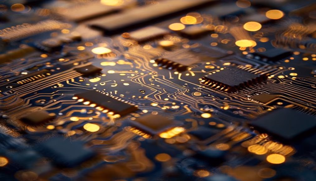 circuit board macro photography in editorial style