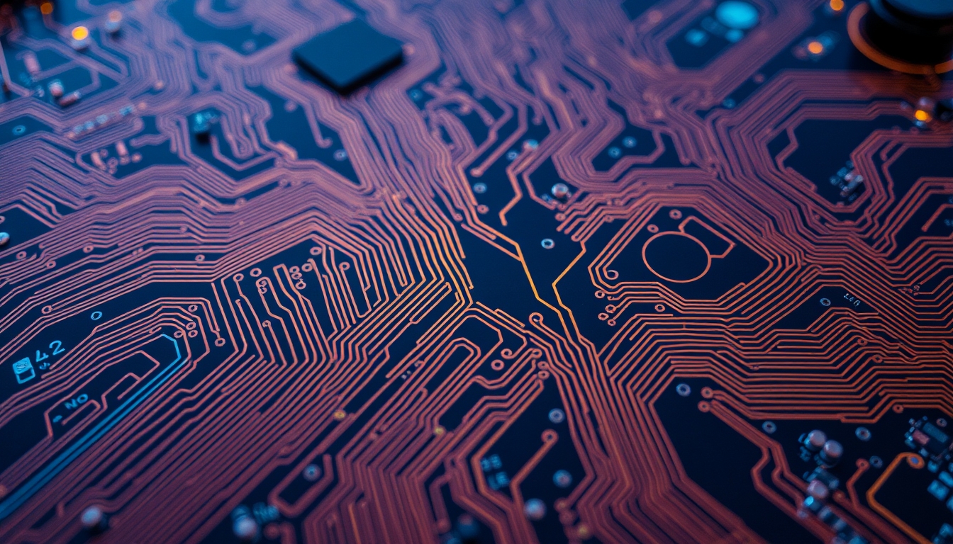 circuit traces pcb closeup in editorial style