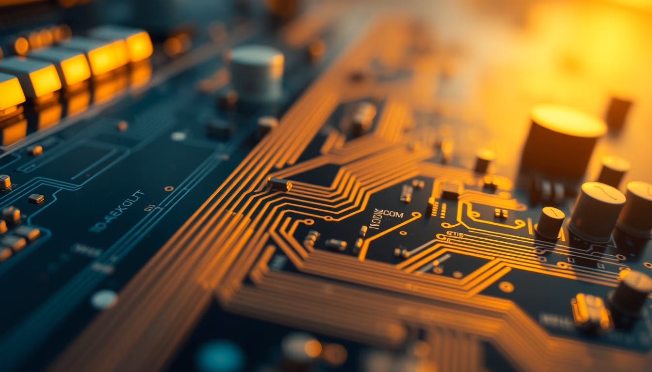 circuit traces pcb closeup in editorial style