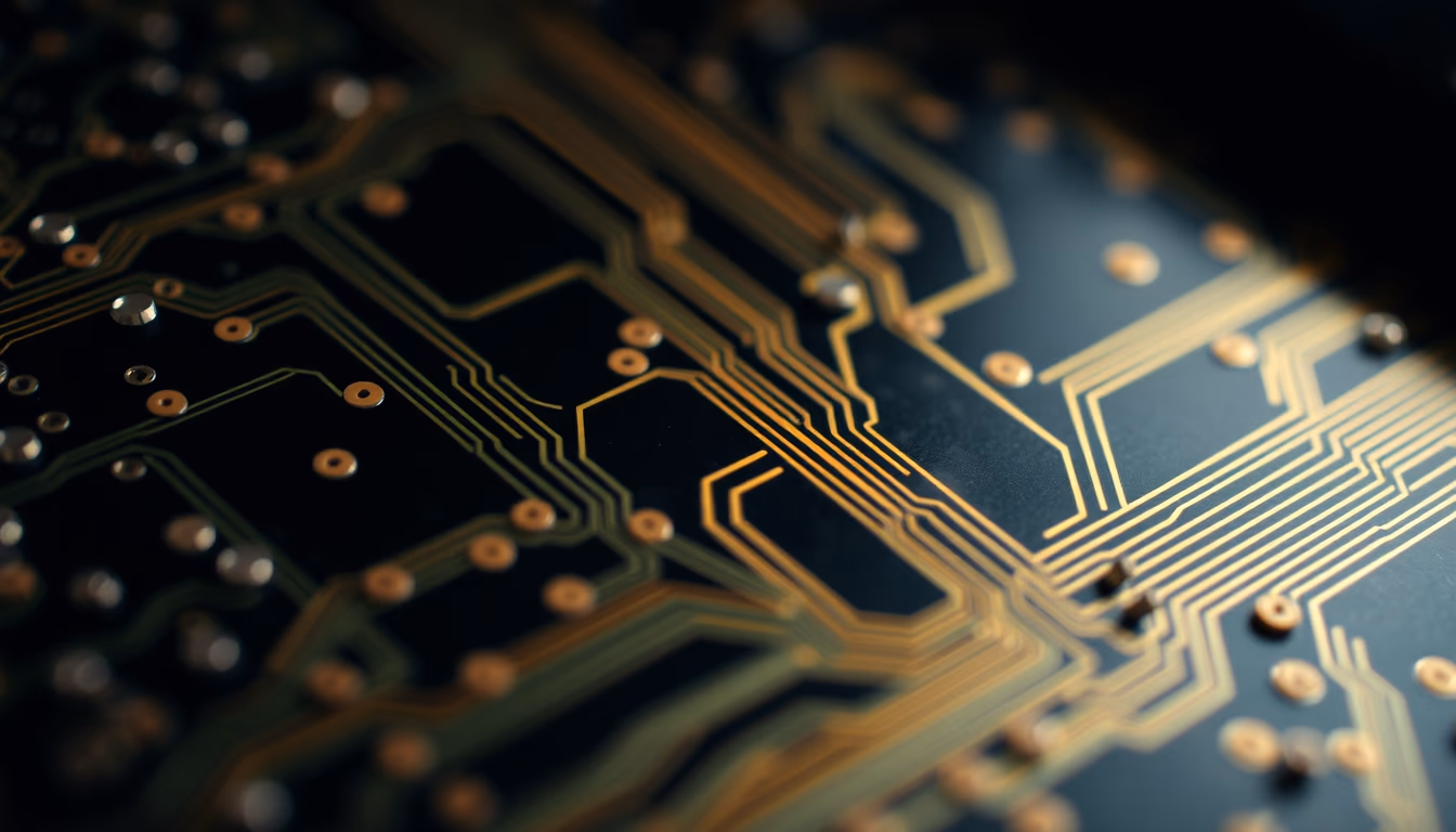circuit traces pcb closeup in editorial style