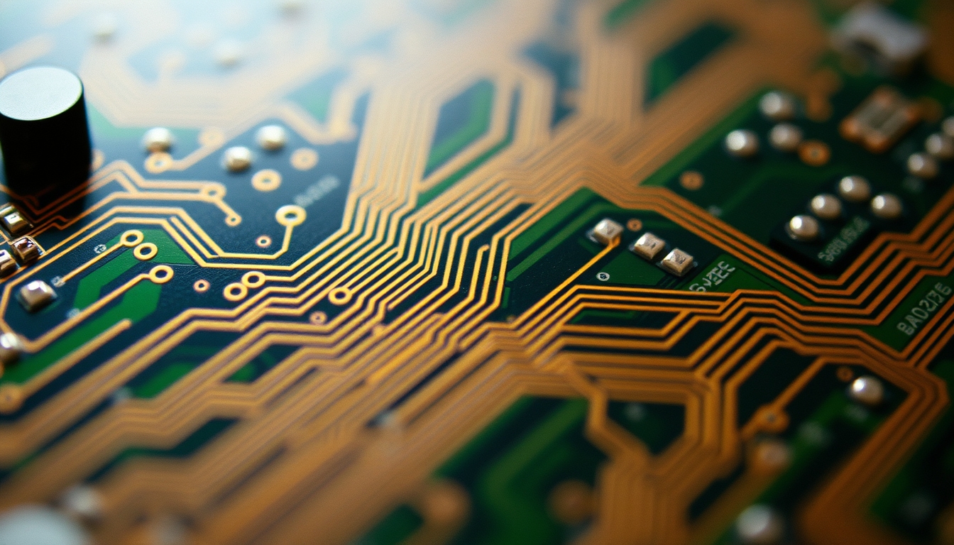 circuit traces pcb closeup in editorial style