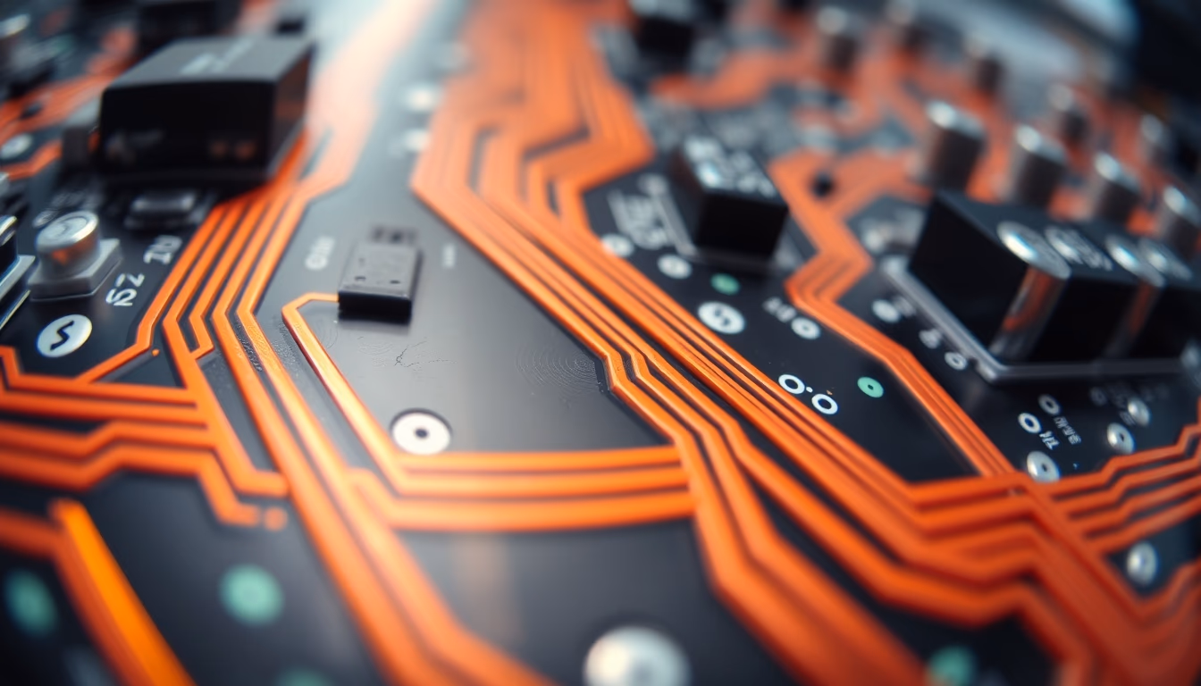 circuit traces pcb closeup in editorial style
