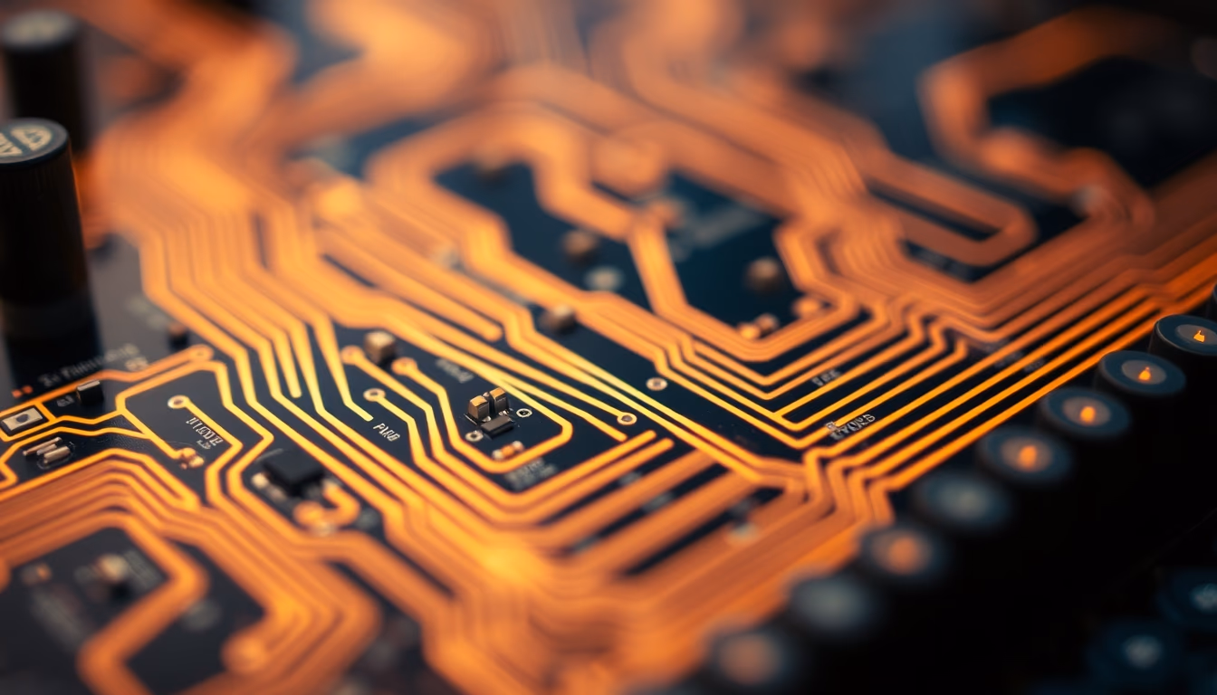 circuit traces pcb closeup in editorial style