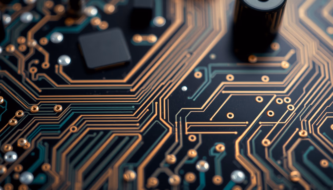 circuit traces pcb closeup in editorial style
