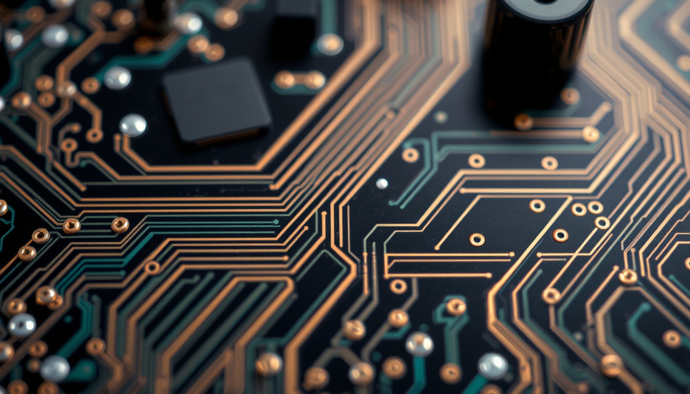 circuit traces pcb closeup in editorial style