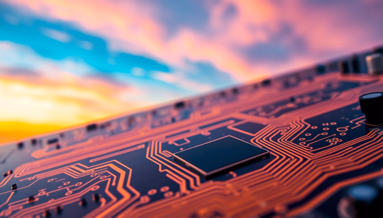 circuit traces pcb closeup in editorial style